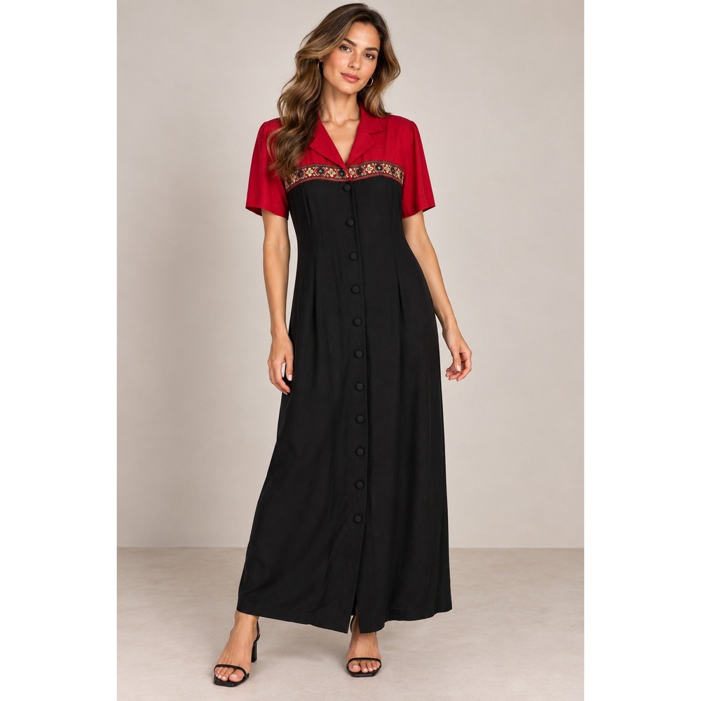 Artsy Eclectic Boho Red Black Embroidered Button Front Maxi Dress Size 10